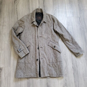 Billy Reid Herringbone Leather Trim Wool Coat Men's Size XL Mid Length Overcoat